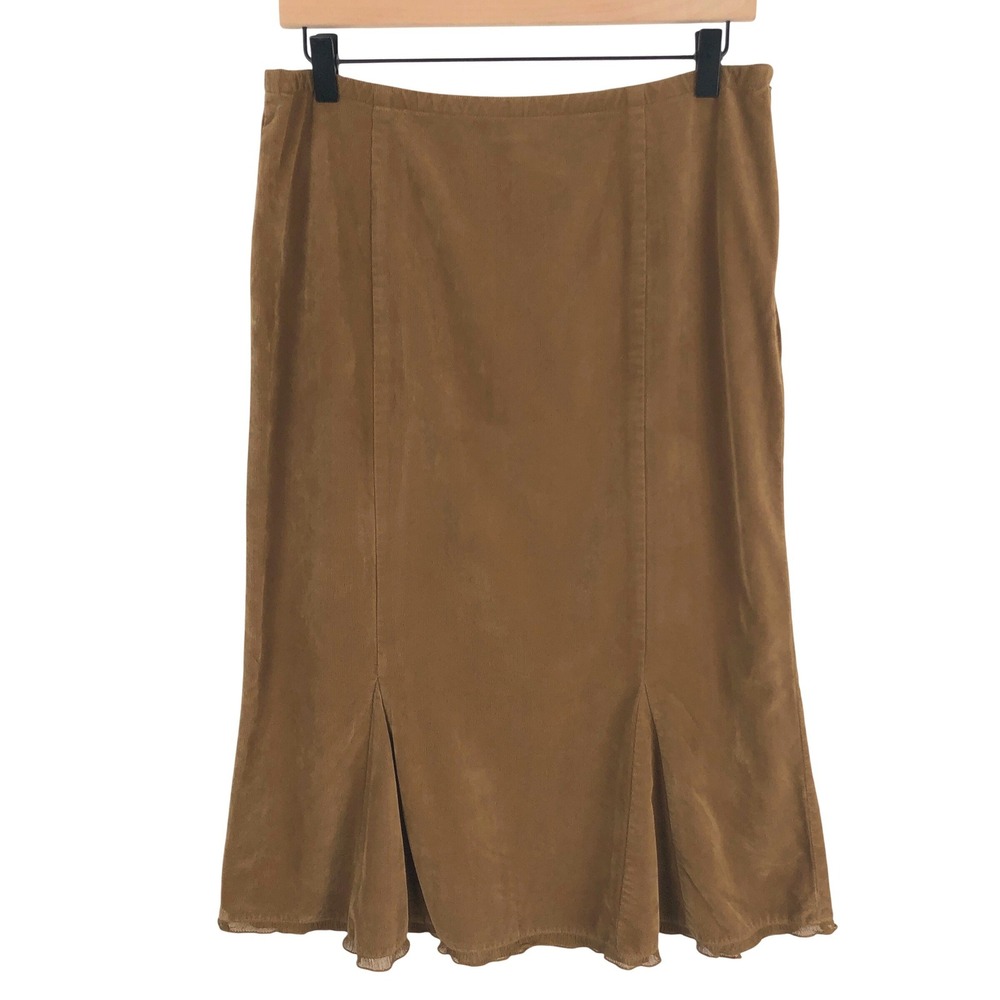 J. JILL Corduroy Godet Pleat Midi Skirt A-Line Sz 8 Brown Rayon